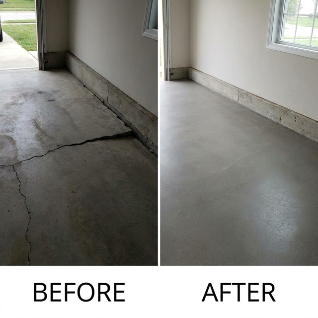 garage floor leveling before and after Delaware - settled slab raised to foundation level