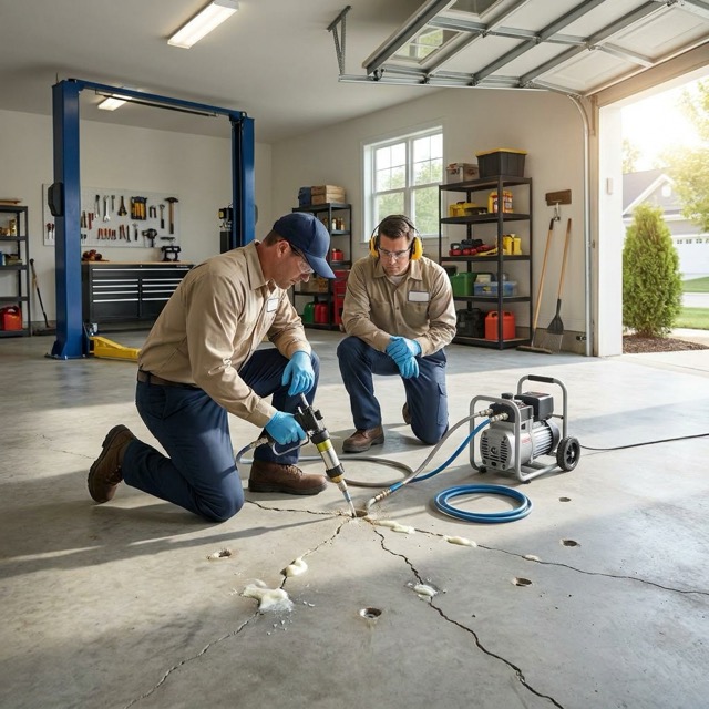 garage floor concrete lifting process Delaware - polyurethane injection through slab