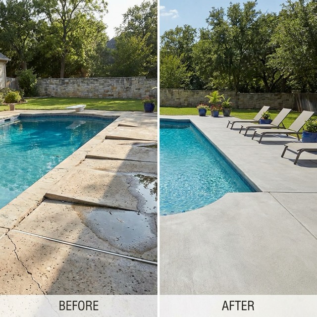 pool deck leveling before and after Oregon - sunken concrete raised around pool
