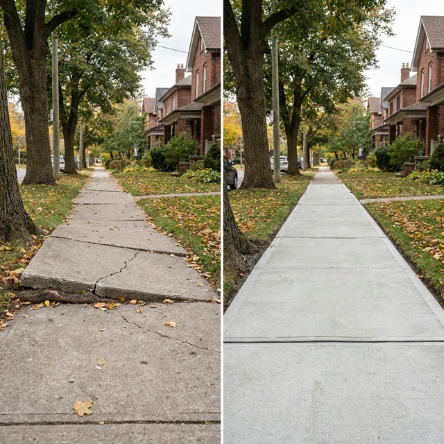 sidewalk lifting before and after Delaware - uneven panel raised to grade
